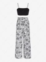 Cropped Camisole and Palm Print Pants Set L Black