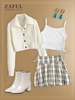 Cropped Cardigan Ruched Tank Top and Flared Skirt Set White