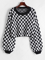 Cropped Checkerboard Balloon Sleeve Sweater L Black
