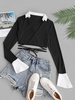 Cropped Contrast Collared Ribbed Wrap Top M Black