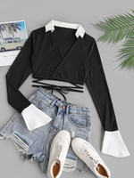 Cropped Contrast Collared Ribbed Wrap Top M Black