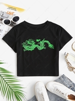 Cropped Dragon Graphic Oriental Tee Xs Green
