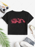 Cropped Dragon Graphic Oriental Tee Xs Red