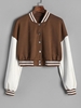 Cropped Fleece-lined Faux Leather Sleeve Baseball Varsity Jacket L Coffee