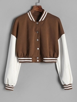Cropped Fleece-lined Faux Leather Sleeve Baseball Varsity Jacket L Coffee