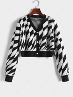 Cropped Geometric Pattern Button Up Cardigan M Black