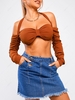 Cropped Halter Knot Cold Shoulder Ruched Sleeve Top M Deep coffee