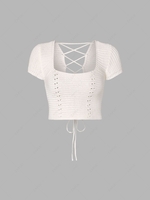 Cropped Lace Up Back Knitted Tee M White
