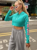 Cropped Letter Graphic Raw Hem Hoodie M Light blue