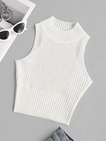 Cropped Mock Neck Ribbed Pointelle Knit Tank Top L White