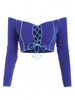 Cropped Off The Shoulder Ribbed Lace-up Topstitching Pully Top M Blue