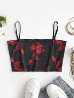 Cropped Oriental Dragon Sheer Mesh Cami Top L Red