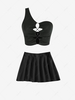 Cropped Pully Cutout One Shoulder Tank Top and Pleated Mini Skirt Set Black