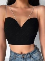 Cropped Rhinestones Chains Bustier Cami Top L Black