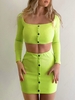 Cropped Ribbed Button Front Top and Skirt Set L Green