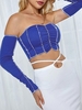 Cropped Ribbed Topstitching Bandeau Top with Detachable Sleeves L Blue
