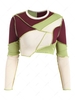 Cropped Ribbed Topstitching Patchwork Long Sleeve Top M Green