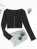 Cropped Ribbed Zip Front Long Sleeve Top L Black
