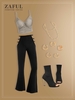 Cropped Ruched Cami Top and Ladder Cutout Textured Bootcut Pants Coffee