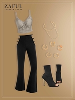 Cropped Ruched Cami Top and Ladder Cutout Textured Bootcut Pants Coffee