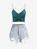Cropped Ruched Chains Cami Top and Distressed Denim Shorts Set Deep green