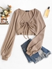 Cropped Self-tie Cable Knit Lantern Sleeve Knitwear M Coffee