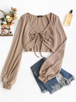 Cropped Self-tie Cable Knit Lantern Sleeve Knitwear M Coffee