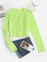 Cropped Snap Button Exposed Seam Jersey Top S Green