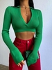 Cropped Solid Ribbed Collared Knitwear M Green