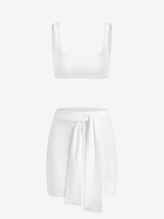 Cropped Solid Top and Belted Skirt Set L White