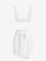 Cropped Solid Top and Belted Skirt Set M White