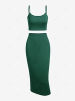 Cropped Solid Top and Slinky Skirt Set L Deep green