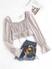 Cropped Square Collar Ruched Long Sleeve Blouse L Light coffee