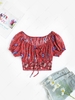Cropped Tie Collar Floral Puff Sleeve Blouse L Red