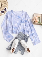 Cropped Tie Dye Sheer Mesh Long Sleeve Top Light blue