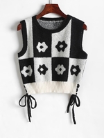Cropped Two Tone Floral Graphic Lace-up Sweater Vest L Black