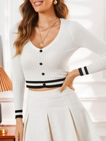 Cropped Wide Rib Striped Trim Knitwear L White