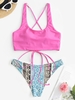 Cross Back U Neck Printed Ethnic Bikini Swimwear Light pink