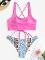 Cross Back U Neck Printed Ethnic Bikini Swimwear Light pink