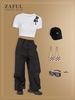 Cross Embroidered Baby Tee with Wide Leg Parachute Pants Set Black