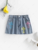 Cross Embroidered Frayed Hem Micro Denim Skirt M Light blue