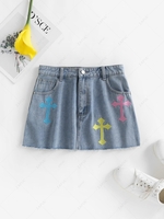 Cross Embroidered Frayed Hem Micro Denim Skirt M Light blue