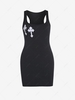 Cross Embroidered Ribbed Racerback Tank Dress S Black