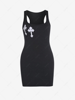 Cross Embroidered Ribbed Racerback Tank Dress S Black