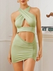Cross Front Cutout Bodycon Halter Dress S Light green