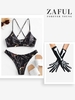 Cross Marble Lace-up Bikini Set with Halloween Costume Cosplay Skeleton Gloves Black