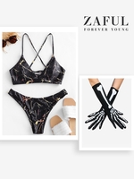 Cross Marble Lace-up Bikini Set with Halloween Costume Cosplay Skeleton Gloves Black
