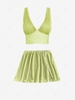 Crossover Cropped Plisse Tank Top and Slit Mini Skirt Set Light green
