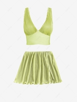 Crossover Cropped Plisse Tank Top and Slit Mini Skirt Set Light green