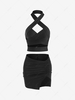 Crossover Cutout Halter Ruched Skirt Set L Black